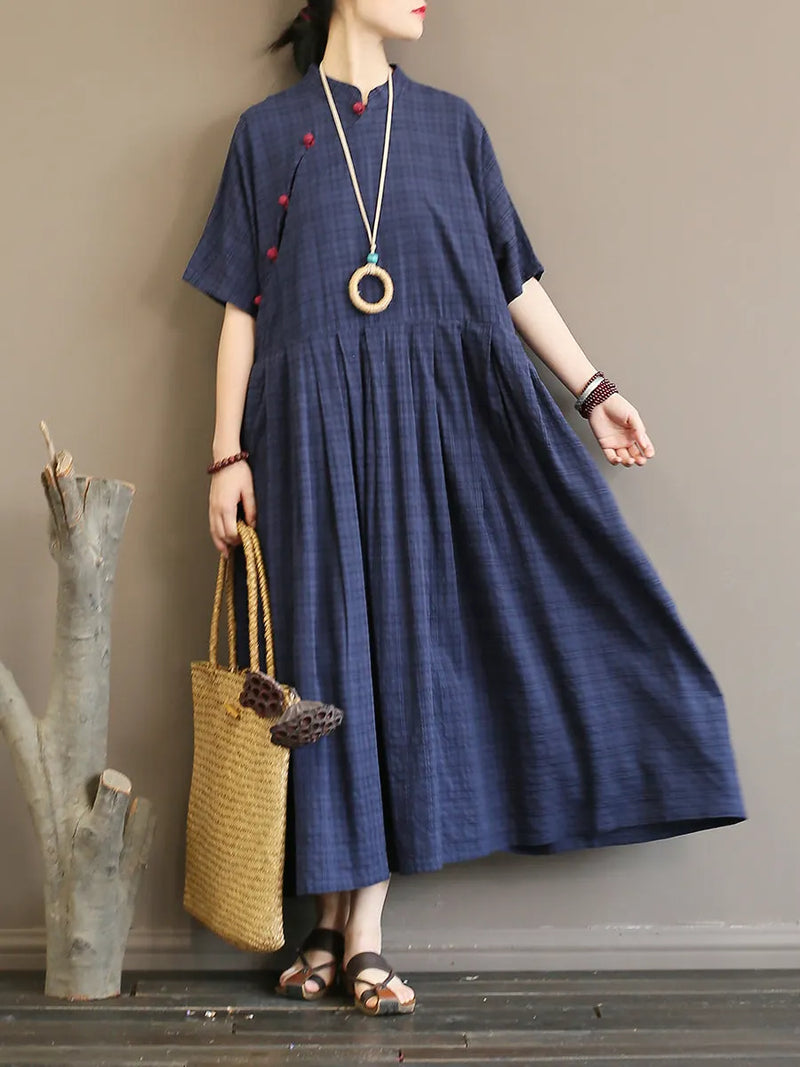 Pleated Plaid Chinese Style Dress