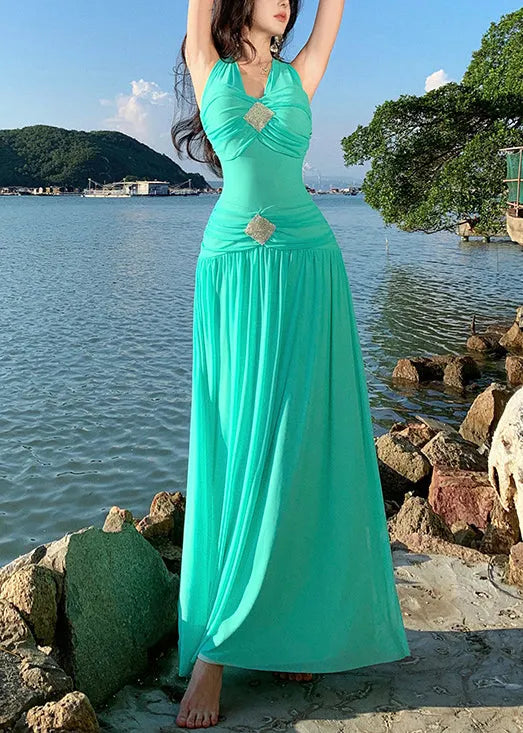 Green Lace Up Cotton Long Dress Sleeveless