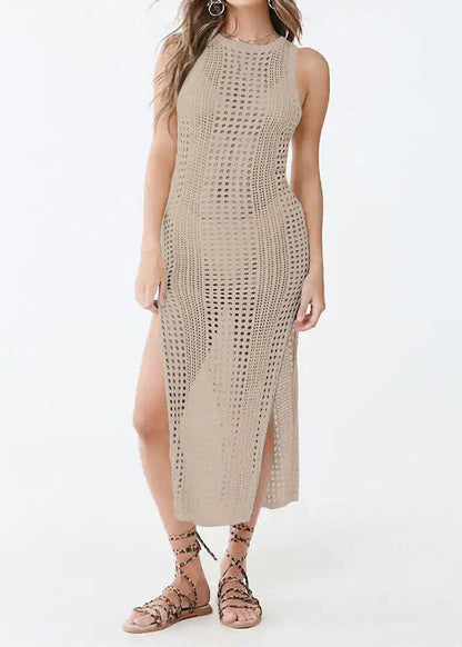 New Apricot O Neck Hollow Out Side Open Knit Dress Sleeveless