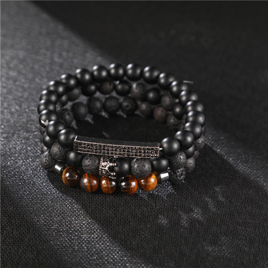 Buddha Stones 3pcs Frosted Stone Lava Rock Tiger Eye Activate Bracelet