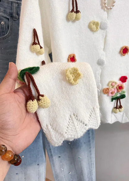White Fuzzy Ball Decorated Warm Knit Cardigan Winter