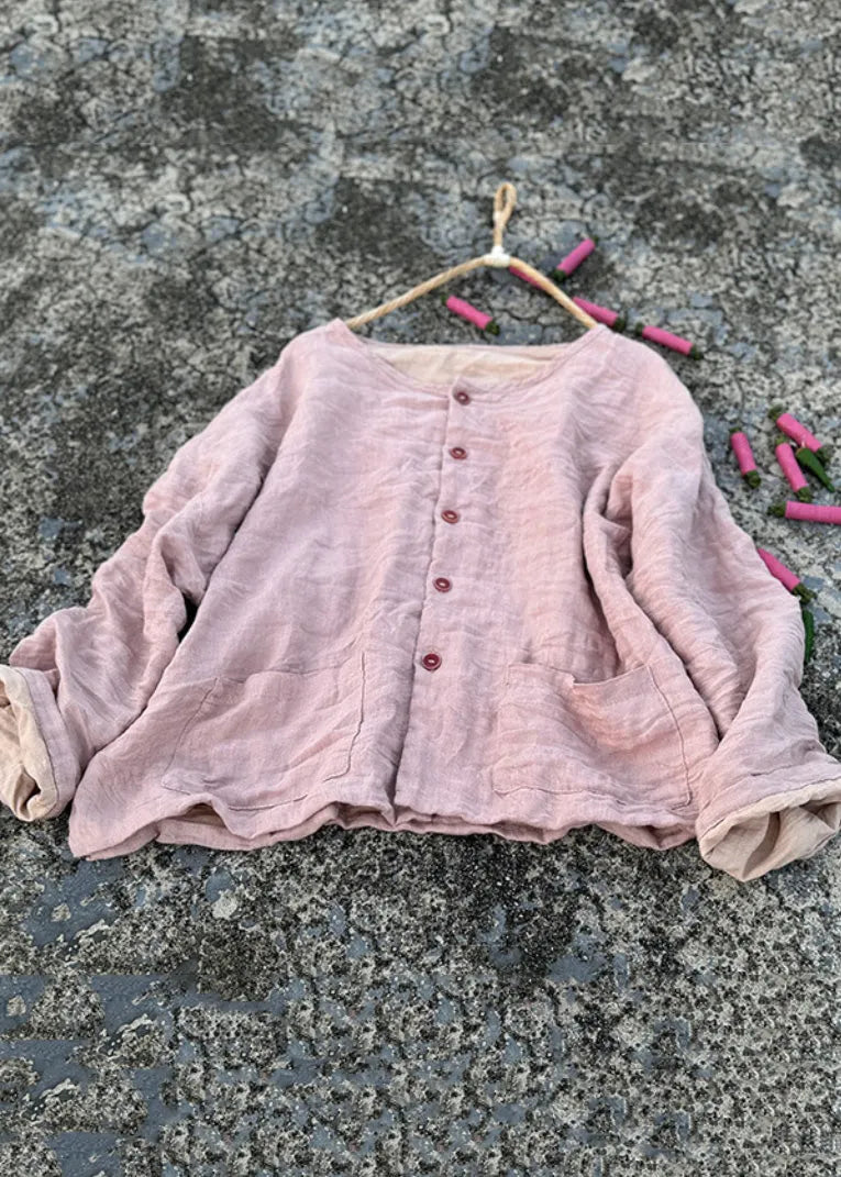 Loose Green O Neck Button Pockets Linen Coats Fall