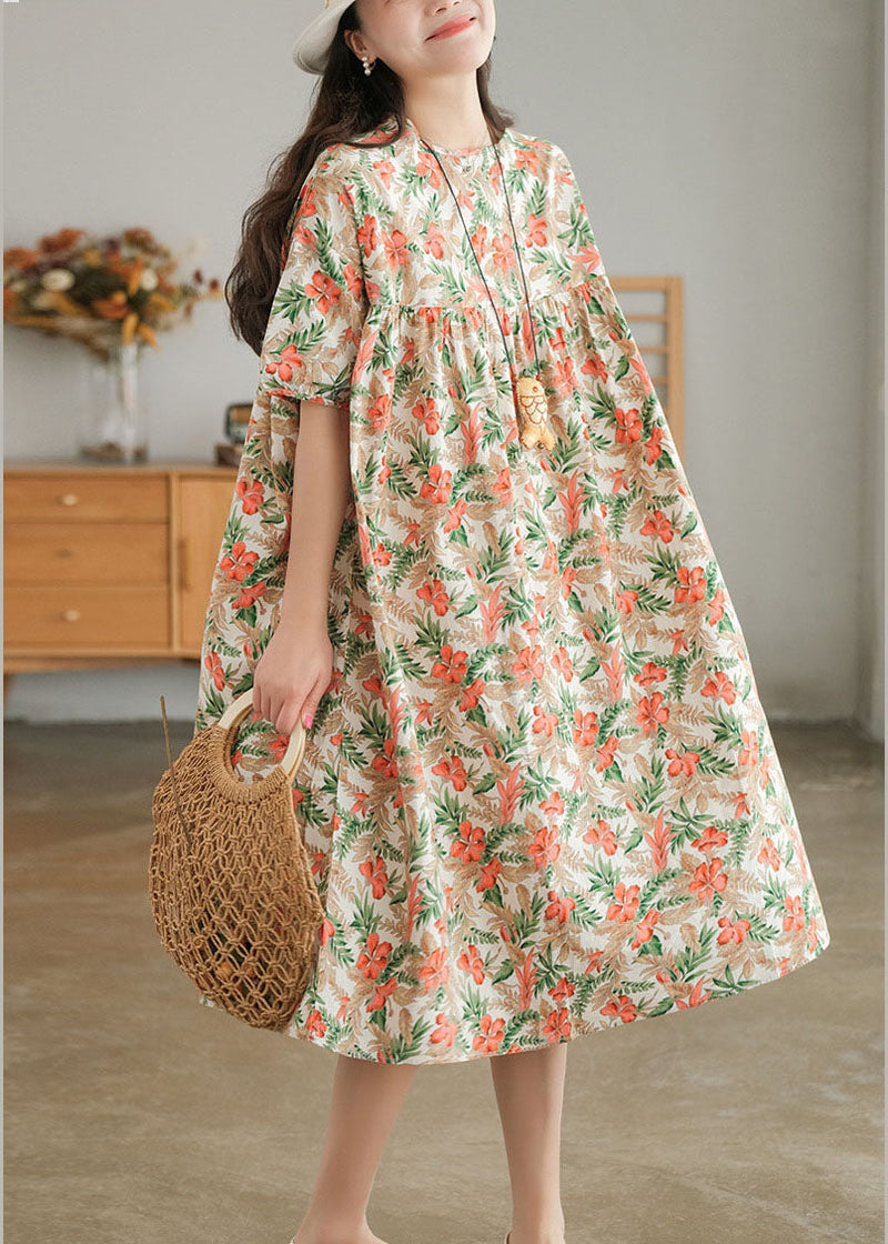 Red Print O-neck Cotton Beach Dresses Short Sleeve