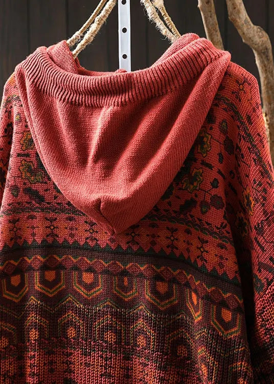Khaki Hooded Print Cotton Knit Sweater Tops Spring