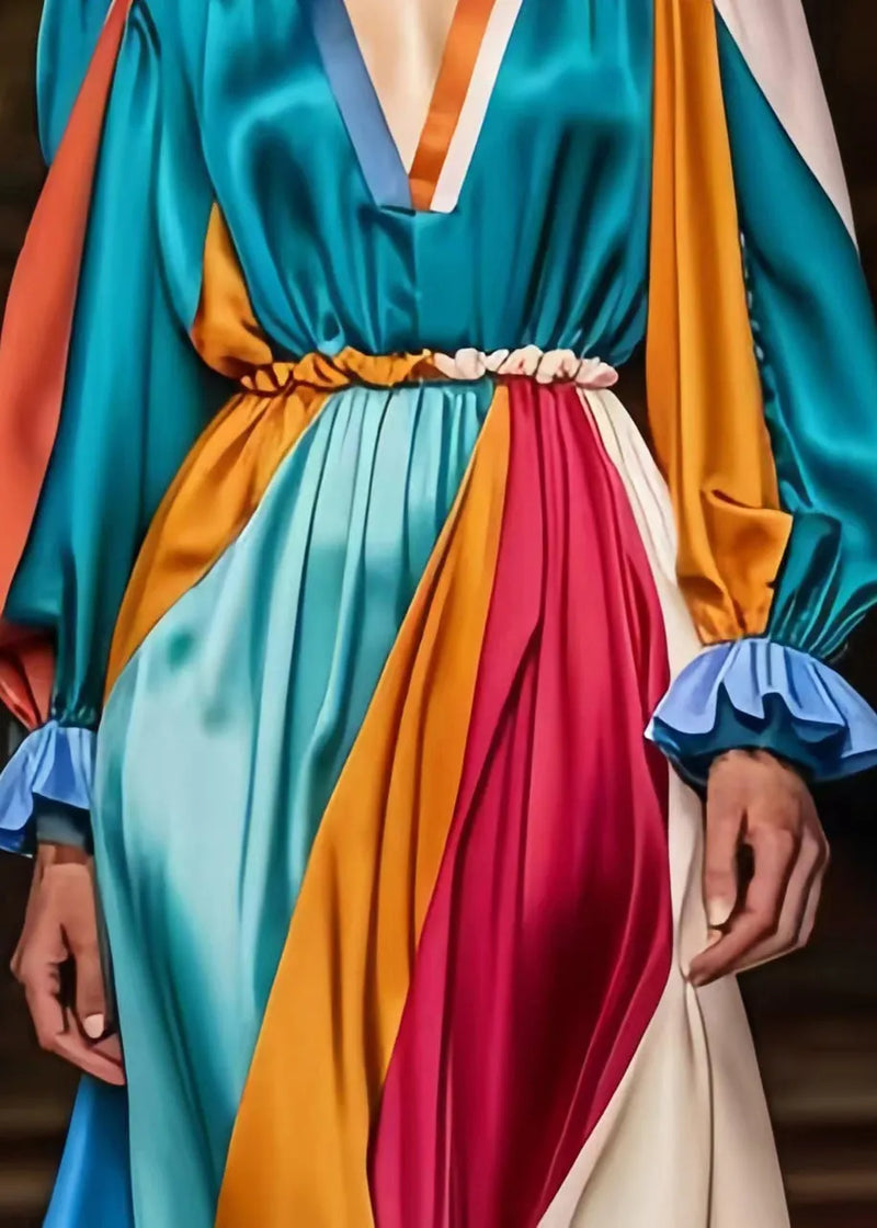Peacock Green V Neck Patchwork Silk Vacation Dresses Spring