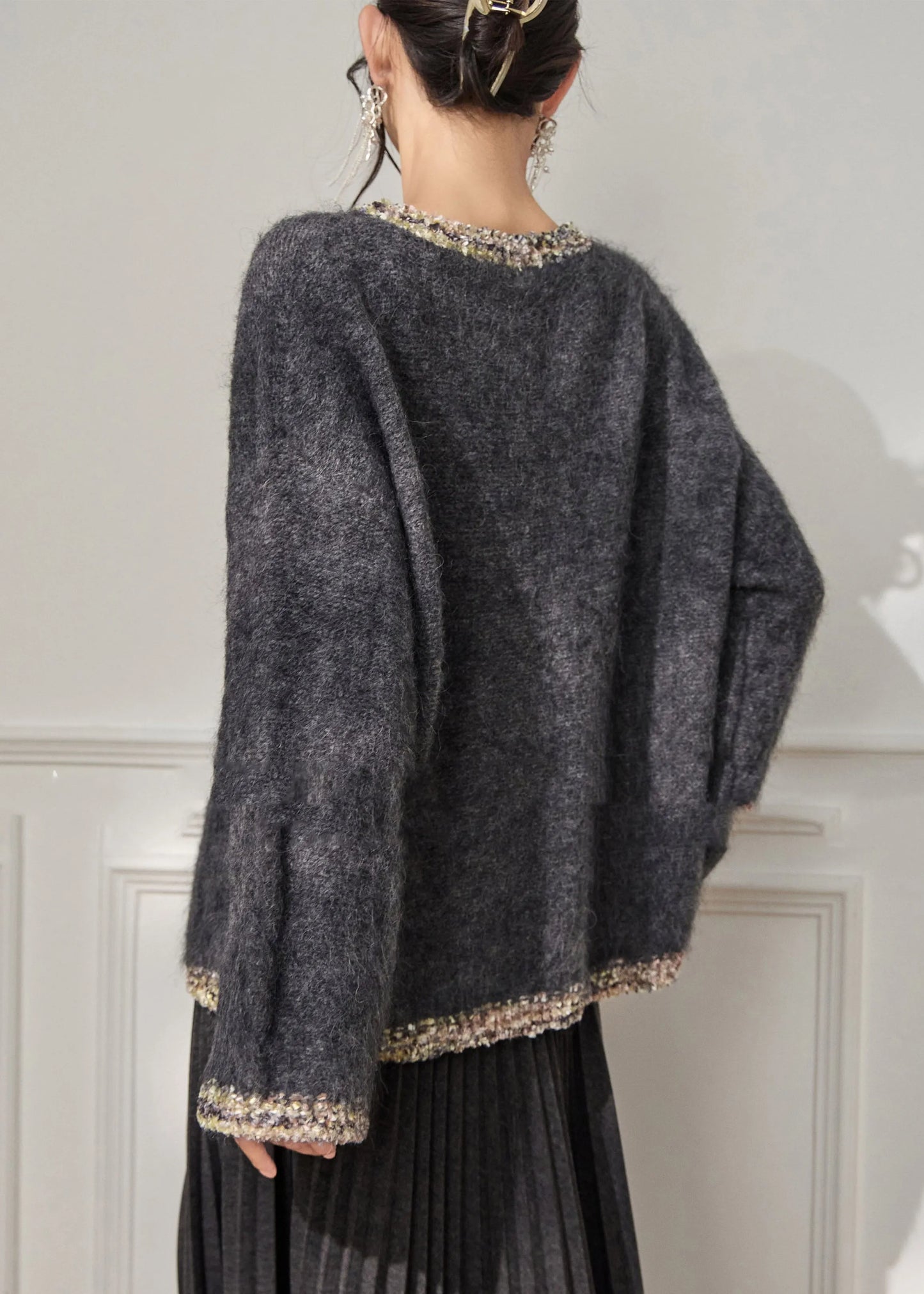 Loose Grey O-neck Thick Cotton Knit Sweater Flare Sleeve
