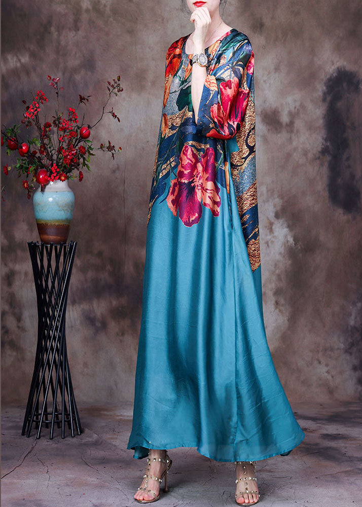 Blue O-neck Print Silk Long Dress Bracelet Sleeve