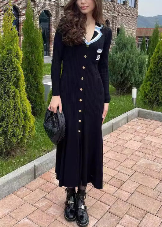 Blue Embroidered Button Slim Fit Knit Dress Fall