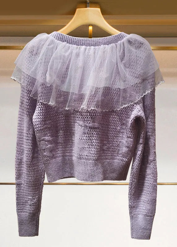 French Beige Tulle Ruffled Patchwork Knit Cardigans Spring