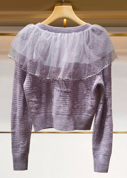 French Beige Tulle Ruffled Patchwork Knit Cardigans Spring