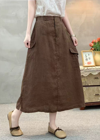 White Pockets Side Open Elastic Waist Cotton Skirts Summer
