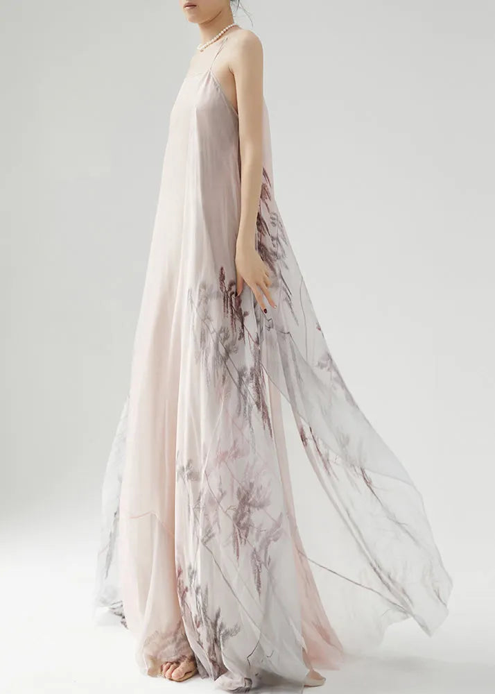 Pink Wrinkled Print Silk Spaghetti Strap Dress Sleeveless