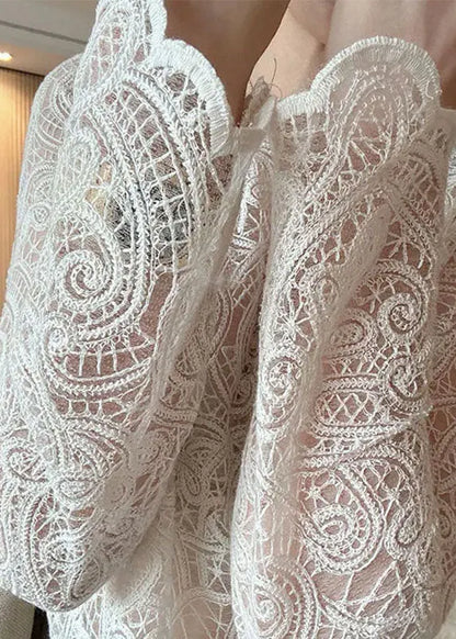 Italian Beige O-neck Hollow Out Lace Top Spring