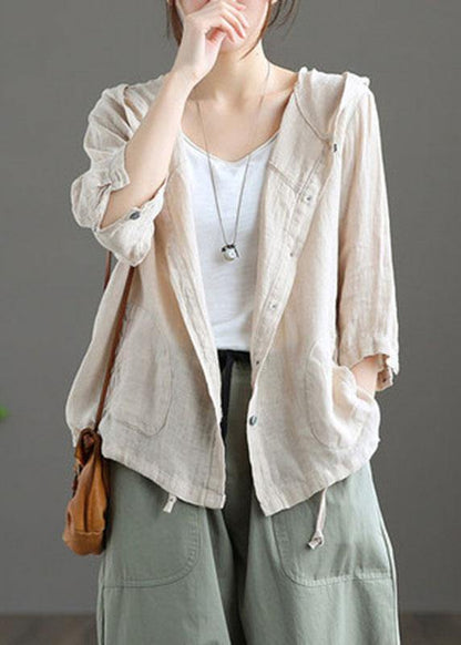 French Chocolate Linenhooded Summerpatchwork Shirt Tops