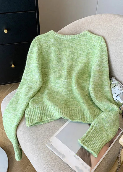 Fitted Green O-neck Button Cozy Cotton Knit Cardigan Winter