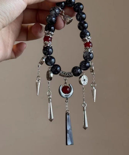 Boutique Black Sterling Silver Crystal Gem Stone Tassel Charm Bracelet