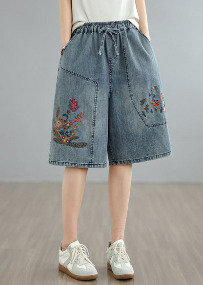 Blue Embroidered Pockets Denim Shorts Summer
