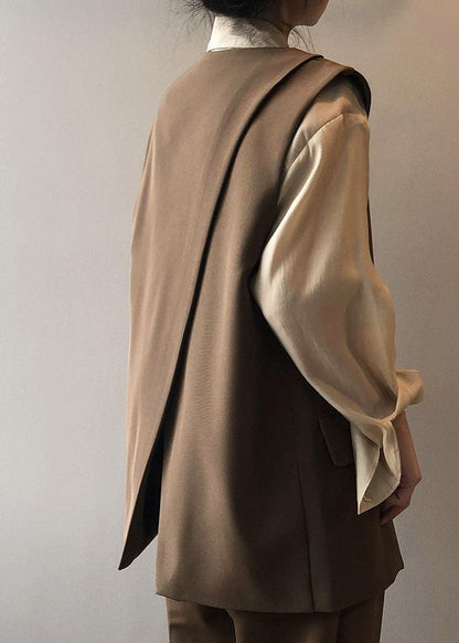 Chocolate Pockets Chiffon Vest Tops Back Side Open Color Sleeveless