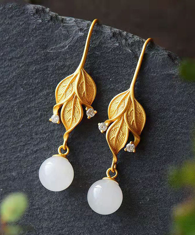 Diy Gold Sterling Silver Overgild Jade Leaf Drop Earrings