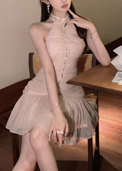 Slim Fit Pink Wrinkled Zircon Chiffon Dress Sleeveless