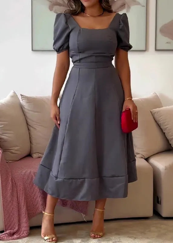 French Navy Square Collar Tie Waist Cotton Dress Puff Sleeve