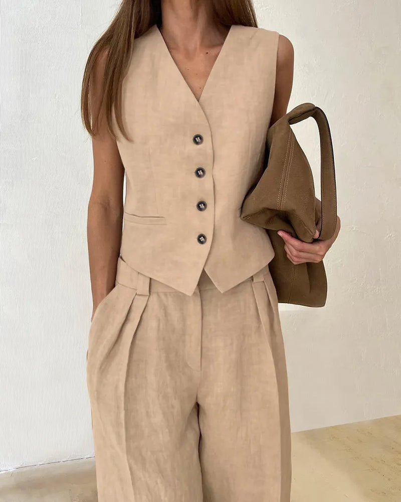 Color Cotton and Linen V-neck Vest Long Pants Set