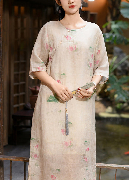 New Pink O Neck Print Linen Long Dress Summer
