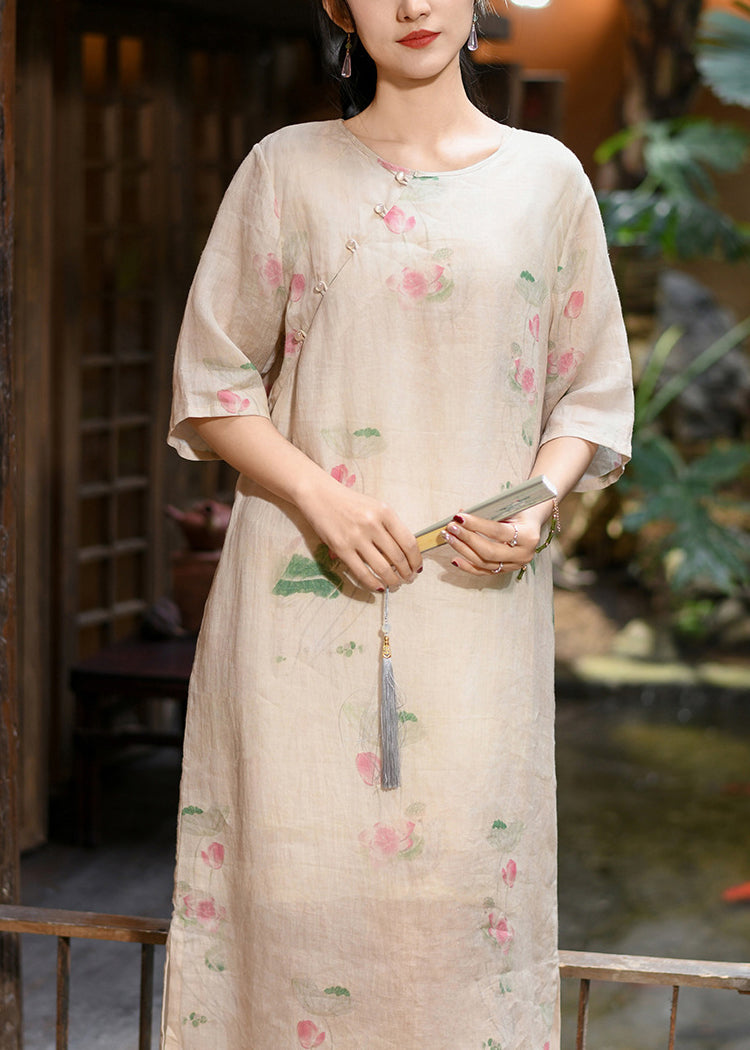 New Pink O Neck Print Linen Long Dress Summer