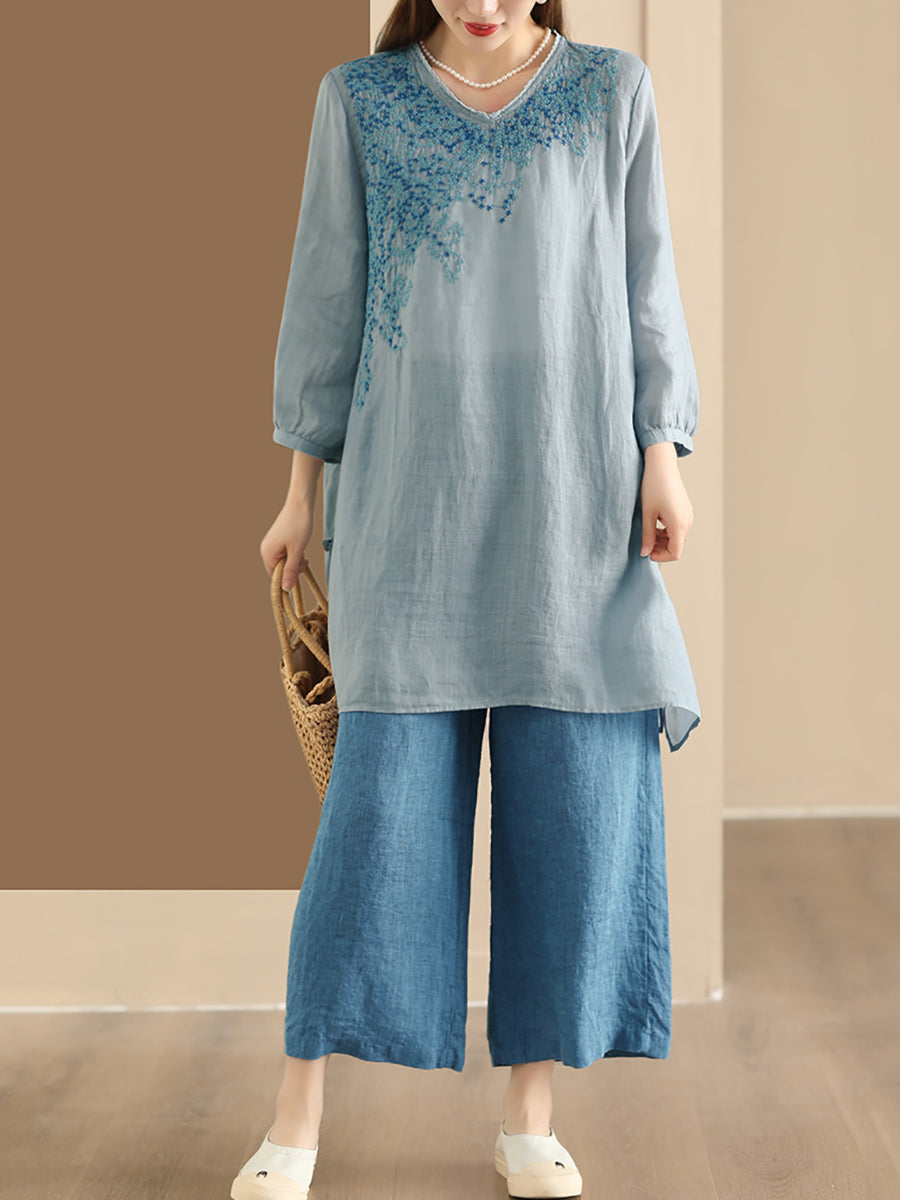 Summer Artsy Embroidery Ramie Long Shirt