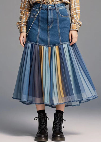 Blue Patchwork Rainbow Striped Denim Skirt Fall