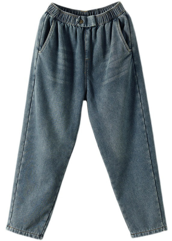 Denim Blue Elastic Waist Pockets Thick Warm Fleece Harem Pants Winter