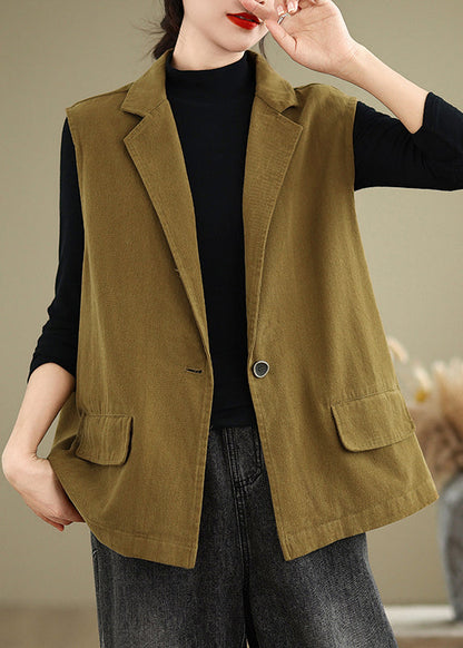 Orange Notched Neck Pockets Cotton Vest Sleeveless