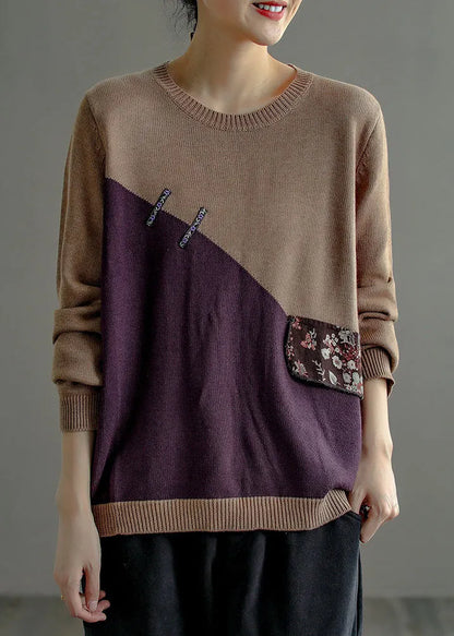 Chocolate Purple O-neck Patchwork Knit Sweater Top Long Sleeve