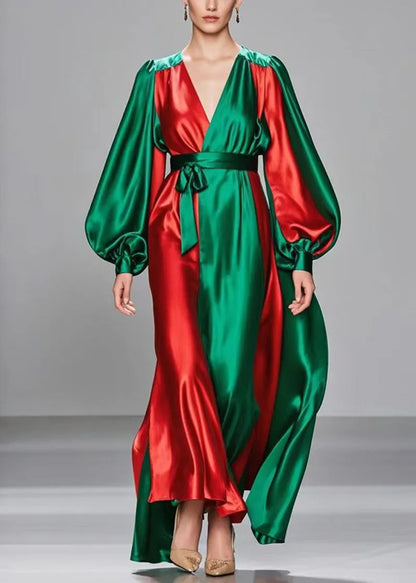 Diy Colorblock Cinched Patchwork Silk Long Dresses Lantern Sleeve
