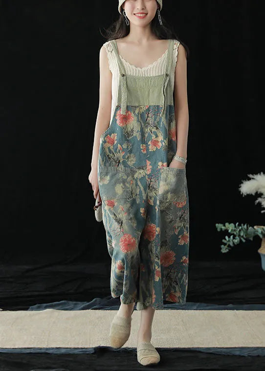Blue Pockets Patchwork Print Cotton Denim Wide Leg Pants Jumpsuit Summer