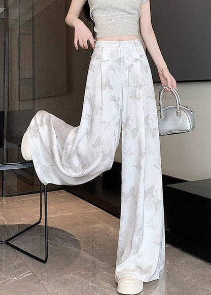 Chinese Style White Pockets Butterfly Print Draping Pants