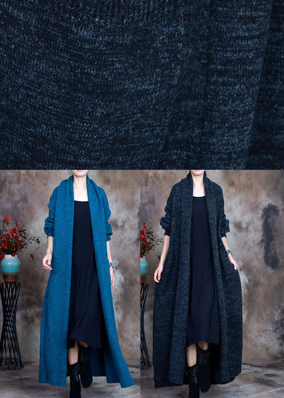 Blue V Neck Pockets Fall Knit Cardigan