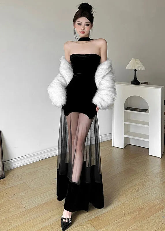 Original Design Black Cold Shoulder Backless Patchwor Tulle Maxi Dress Summer