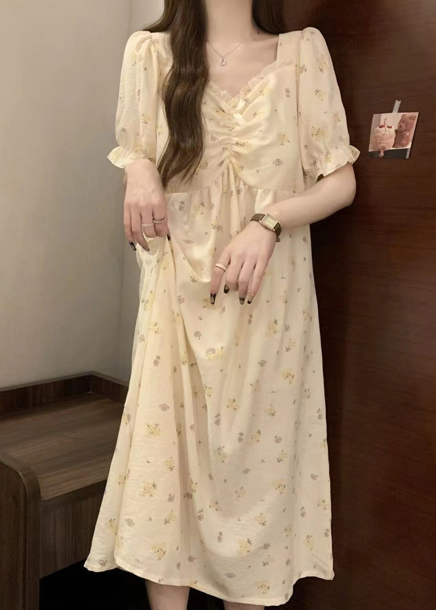 Apricot Print Ruffled Cotton Pajamas Dress V Neck Summer