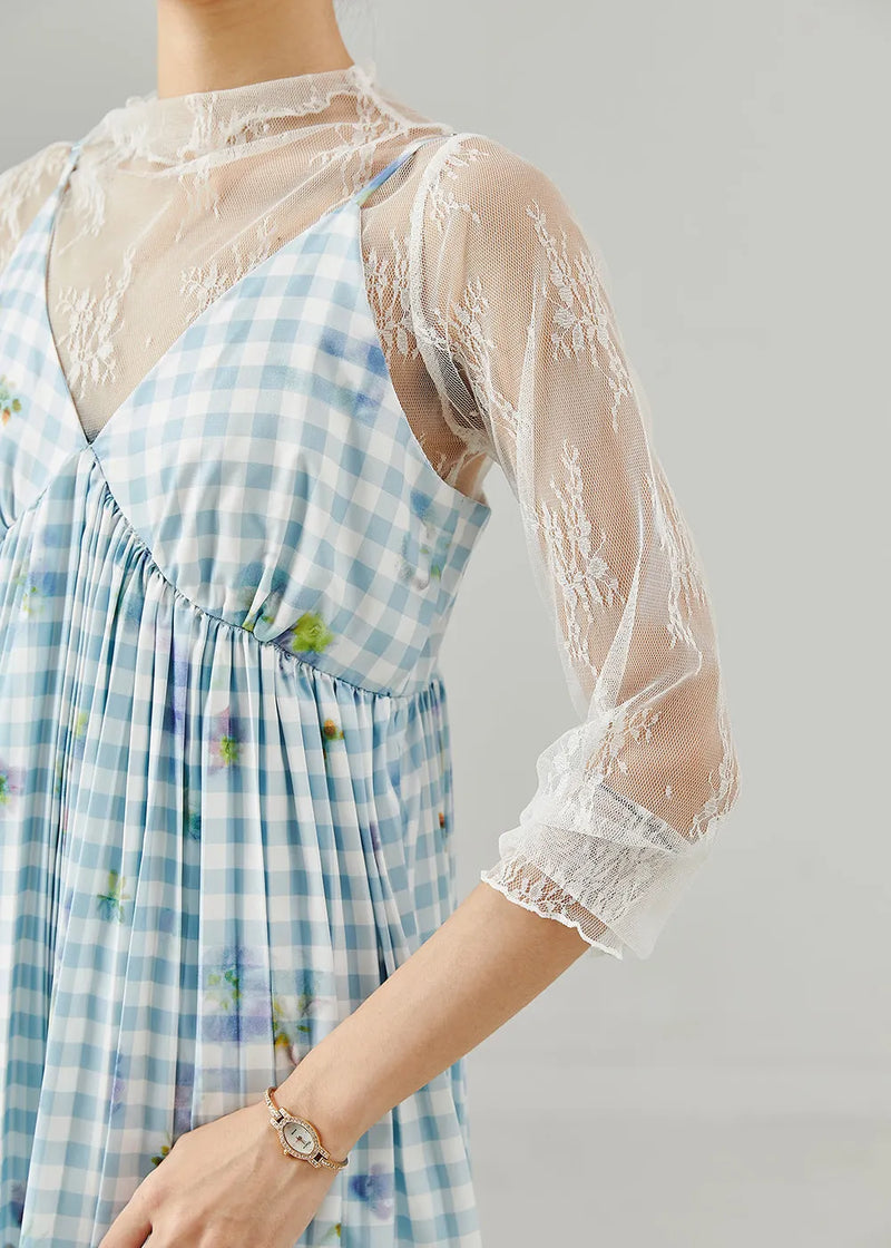 Style Sky Blue Plaid Print Cotton Sundress Summer