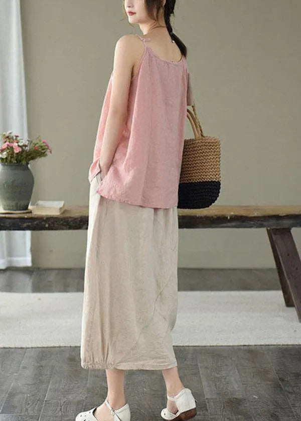Beige Button a Line Summer Loose Skirts Linen