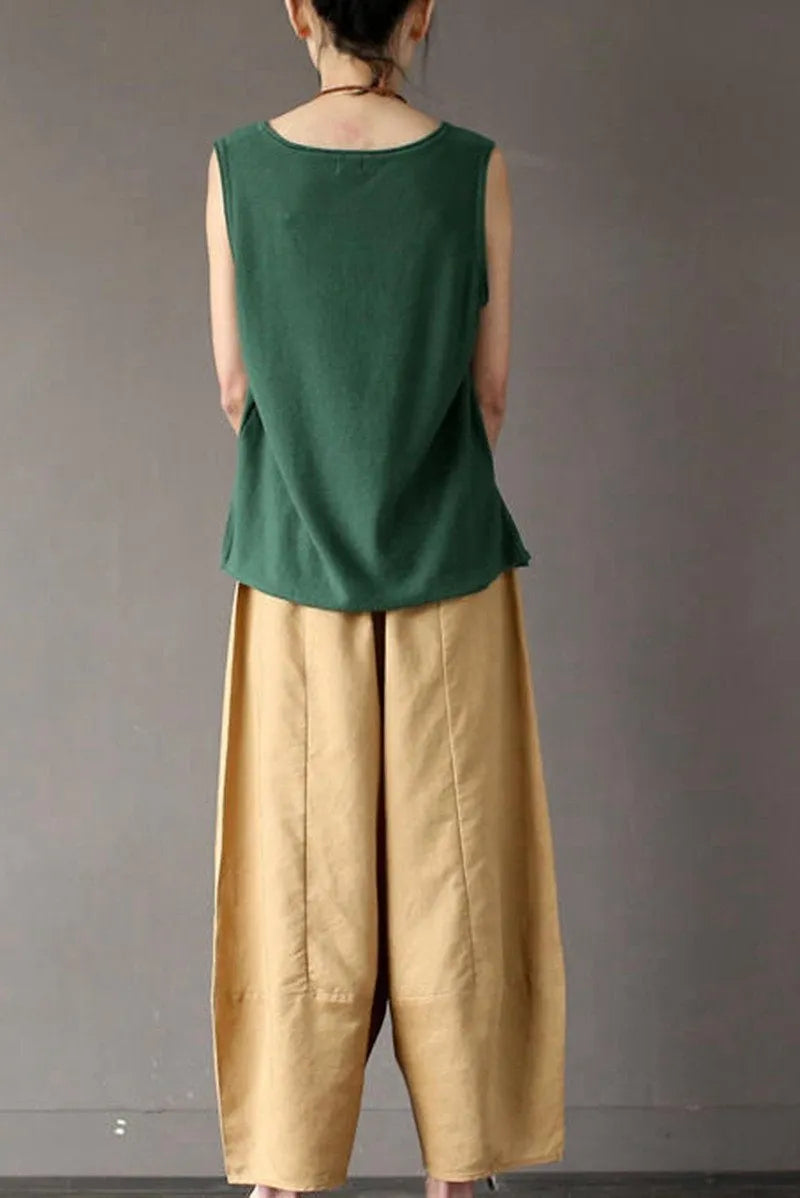 Khaki Loose Cotton Linen Ankle Length Pants Outfits