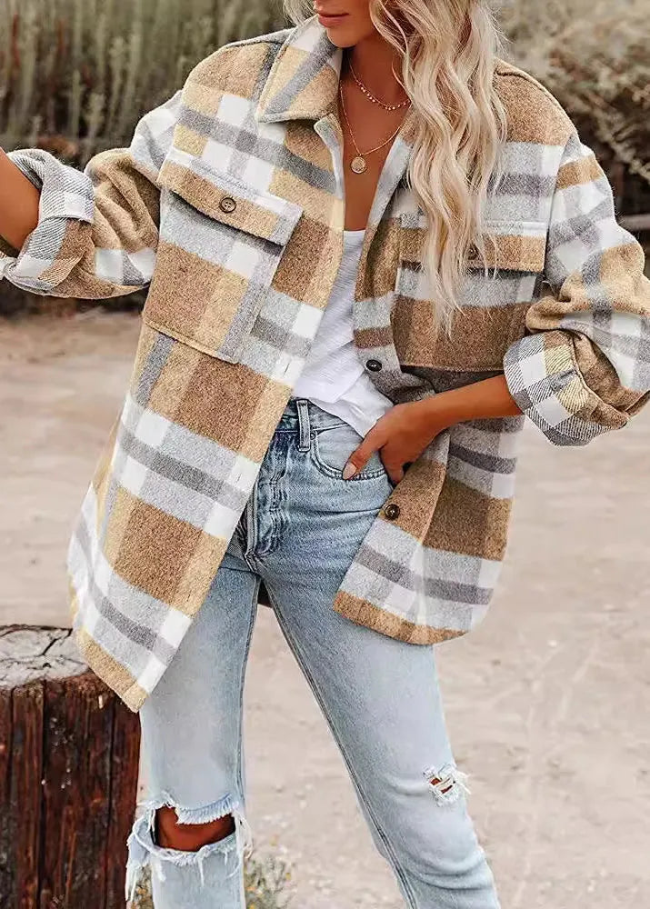 Stylish Light Grey Peter Pan Collar Pockets Plaid Woolen Coat Fall