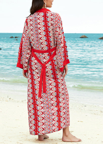 Natural Red V Neck Print Lace Up Cotton Loose Cardigans Summer