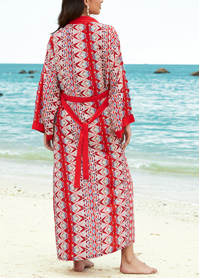 Natural Red V Neck Print Lace Up Cotton Loose Cardigans Summer