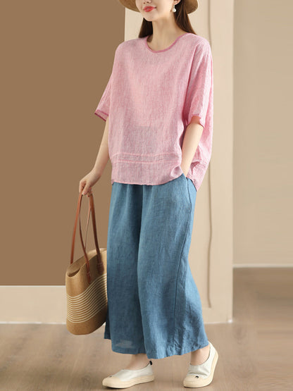 Summer Stripe Spliced Linen Shirt