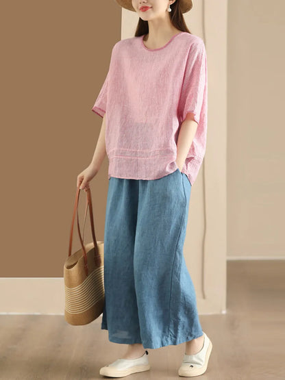 Summer Stripe Spliced Linen Shirt