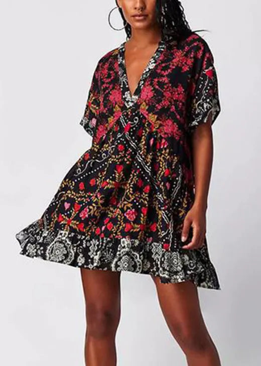 Blue V Neck Print Patchwork Cotton Mid Dress Summer