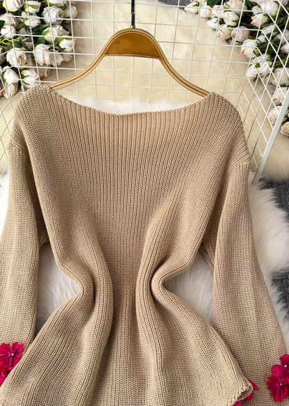 Stylish Khaki Slash Neck Cotton Knit Sweaters Winter