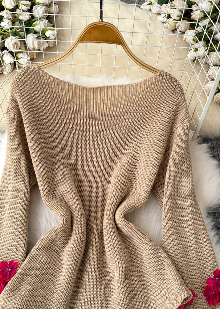 Stylish Khaki Slash Neck Cotton Knit Sweaters Winter